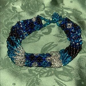 Seed Beaded Bracelet in Blue and Silver sparkly vintage